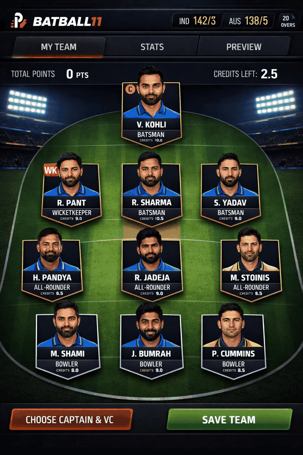 BatBall11 fantasy cricket app lineup dashboard